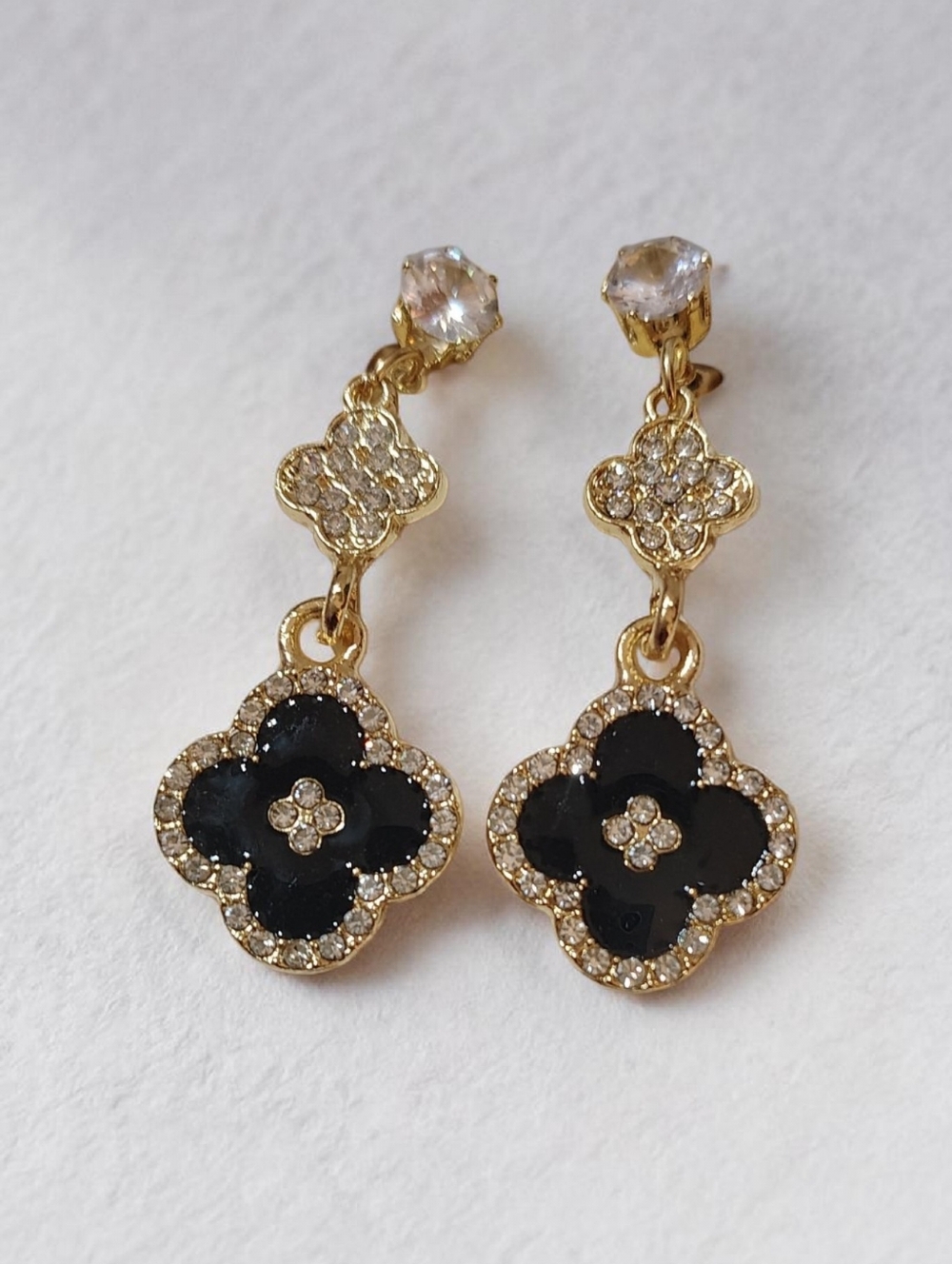 New Gold Tone Black Clover Drop Earrings with Crystal Accents